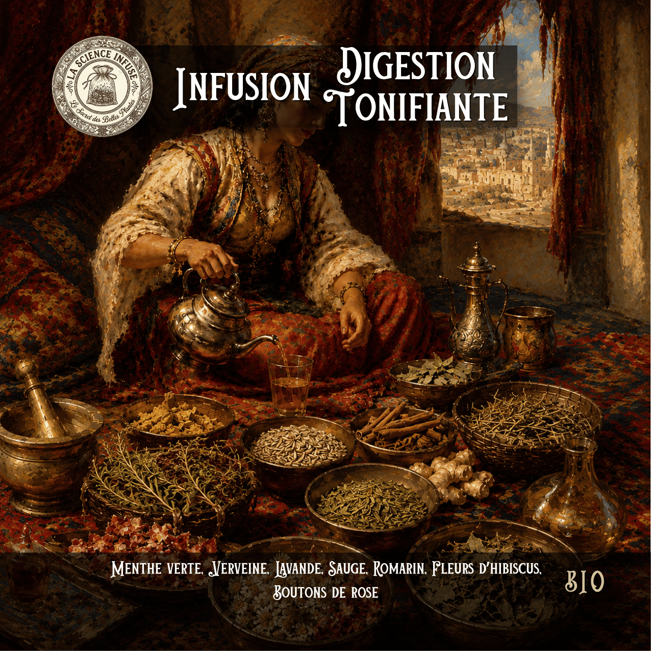 Infusion digestion tonifiante à la menthe verte, verveine, lavande, sauge, romarin, hibiscus et rose