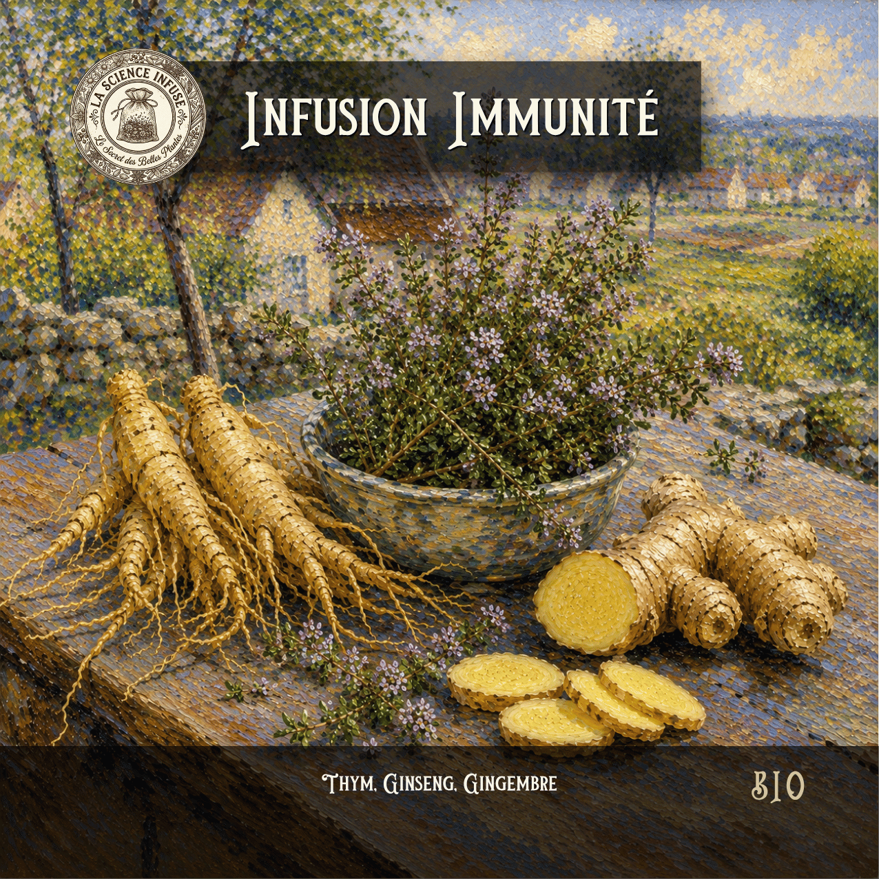 Infusion immunité maison au thym, ginseng et gingembre